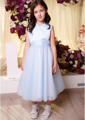 Pearl Neck Sky Blue Satin Polka Dot Tulle Flower Girl Dress